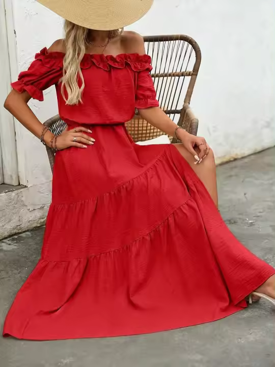 Vestido Maxi De Playa De Moda Para Mujer Con Volante Y Abertura En El Costado Sin Mangas Cuello Abierto Estilo Oficina Lady - 1