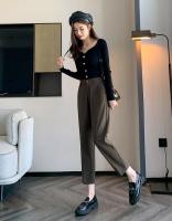 Pantalones De Trabajo Mujer Estilo Casual Cintura Alta Botones Talla Grande Color Caqui Largo Hasta El Tobillo Trasero Ancho - details 59