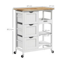 HOMCOM Carro de Cocina Carrito Auxiliar con Ruedas Carrito Verdulero con Tablero de Madera 3 Cajones 2 Estantes Abiertos y Bandeja Extraíble para Comedor Salón 67x37x85,5 cm Blanco - details 2