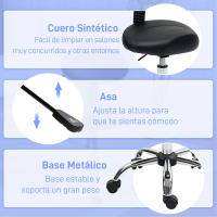 HOMCOM Taburete Giratorio Taburete con Ruedas y Respaldo Extraíble Taburete de Trabajo con Altura Regulable 83-98 cm Asiento Tapizado de Cuero Sintético Negro - details 5