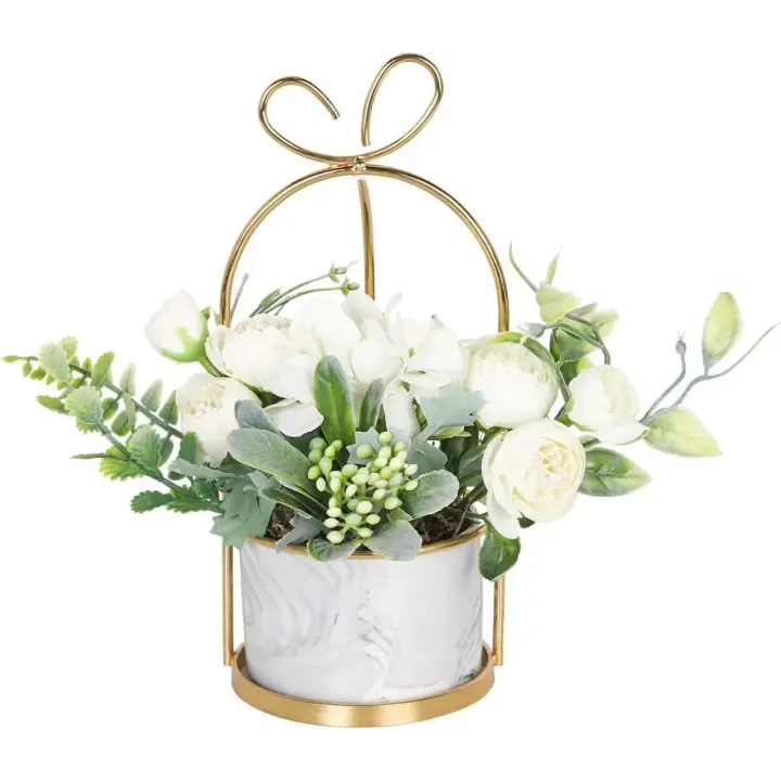 Flores artificiales con jarrón: ramo de flores de hortensias y crisantemos, centro de mesa para bodas, decoración del hogar, sala de estar u oficina (maceta de mármol, amarillo) - 1