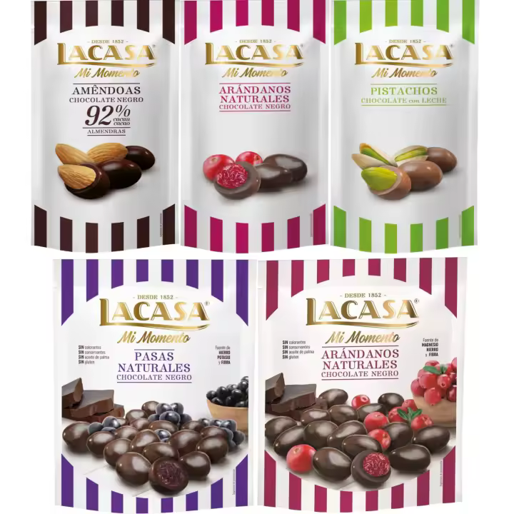 Lacasa Mi Momento pack de 5:Arándano  Negro 60 G,Pistacho  Leche 50 G,Almendra 92% 65 GArándano  Negro 125 G,Pasas  Negro 150 G - 1