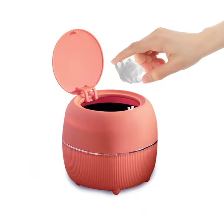 Mini Round Desktop Trash Can with Lid, Plastic, for Home, Kitchen, Bathroom, Office (Pink) - 1