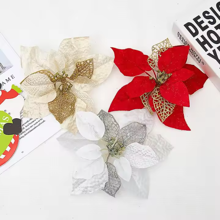 12 st Glitter Julblommor (20 cm/8,4) con 12 st Klämmor Konstgjorda Silke Julstjärna Blomhuvud Krans Julgran Blomdekorationer Julgran - 1