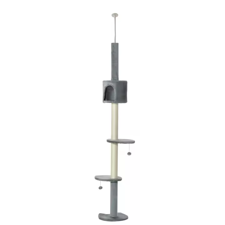 PawHut Árbol Rascador para Gatos Rascador para Fijar al Techo Altura 217 cm con Plataformas Cueva Postes de Sisal Bolas Colgantes Gris Claro - 1