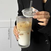 Vaso De Leche Y Café Frío De 600ML Con Tapa Y Pajita Transparente De Pattern Estriado Para Bebidas Vaso De Vidrio Redondo - details 1
