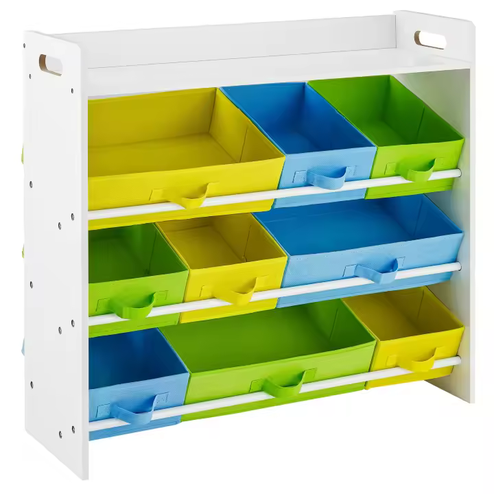 Estantería Infantil para Juguetes con 9 Cajones Extraíbles de Tela no Tejida - Organizador para Sala de Juegos y Guardería, Marco de Madera Blanco - 1
