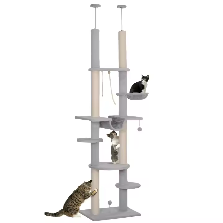 PawHut Árbol para Gatos de Suelo a Techo 225-255 cm Árbol Rascador para Gatos de 7 Niveles Torre para Gatos con Hamacas Plataformas Juguete de Cuerda Bola de Juguete - 1