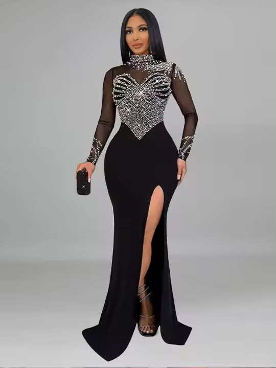 Vestido De Noche Para Mujer Verano 2024 Moda Europea Y Americana A-Line De Diamante Sólido Falda Rota Fiesta Elegante Talla Slim Cuello Medio Zipper - 1