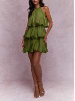 Vestido Boho Elegante De Mujer Con Volantes Y Tirantes Mini Vestido Sin Mangas Halter Para Fiesta Verde Holgado Y Fluyente Para Fiestas De Navidad - details 4
