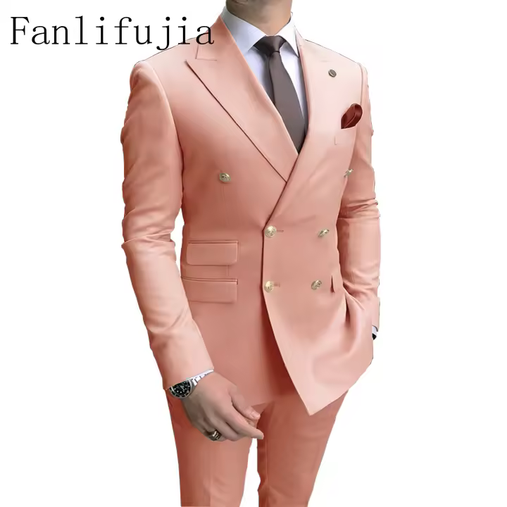 Traje De Noche Para Hombre Fanlifujia Azul Marinho Con Pico Y Botones Dorados Estilo Moda Dos Botones Doblados Cierre Regular - 1