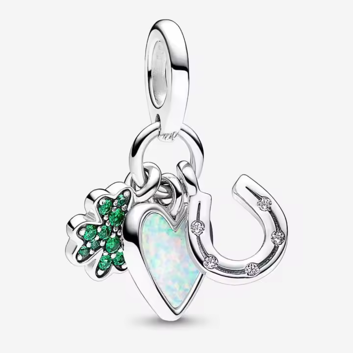 Pandora Charm de Colgante en Plata de Ley Colgante triple de trébol de cuatro hojas, corazón y herradura  792755C01，Incluye Caja Original - 1
