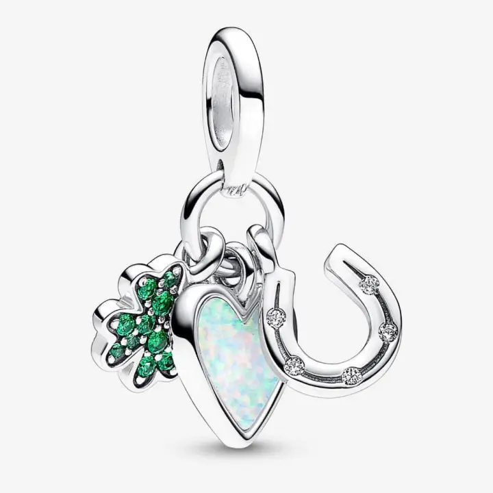 Pandora Charm de Colgante en Plata de Ley Colgante triple de trébol de cuatro hojas, corazón y herradura  792755C01，Incluye Caja Original - 1