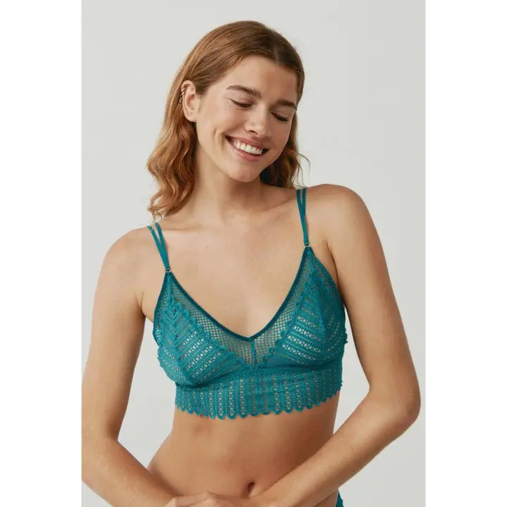 Black Limba - Sujetador mujer triangular verde estilo bralette Masaya de encaje geométrico y detalles de terciopelo - 1