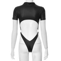Bodysuit Sexy PU Para Mujer Color Negro Top Rave Outfit Con Manga Corta Hollow out Un-Piece Lencería Feminina Slim Fit Rayón - details 10