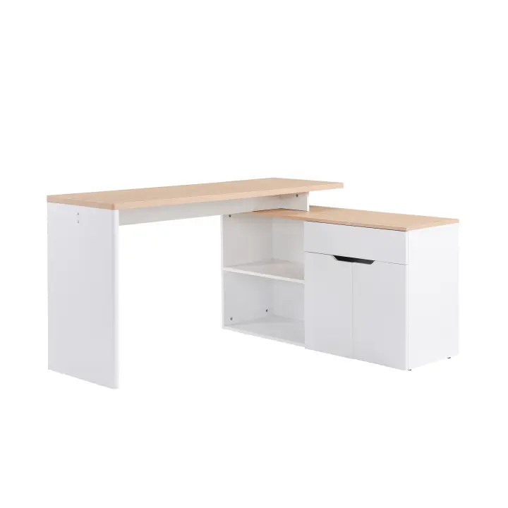 HOMCOM Escritorio de Esquina Escritorio Multimedia para Ordenador Doble Nicho + Cajón y Armario en Madera Clara Blanco - 1