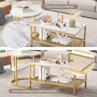 Set de Mesas de Centro Modernas Doradas con Estante, Tablero Efecto Mármol Blanco, Mesa de Café Rectangular + Mesa Auxiliar Redonda, Diseño Nido para Salón - details 1