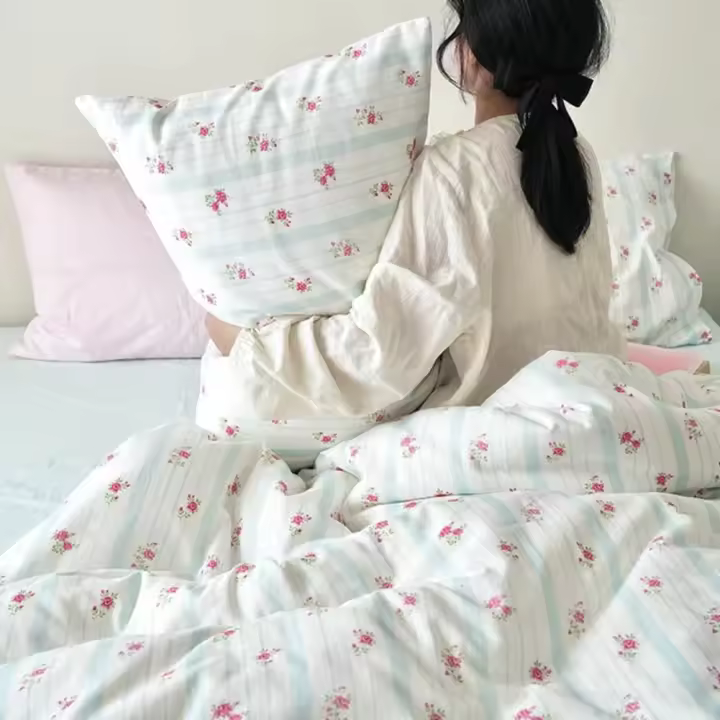 Floral Single Duvet Cover Set Aesthetic Blue and White Striped Bedding Set with Zipper Closure 2pcs Microfiber Quilt Cover 135 x 200 and Pillow Case 50 x 75 cm - 1