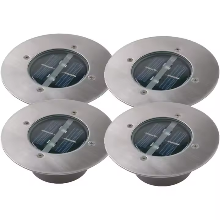 Juego de 4 luces LED solares empotradas redondas modernas de acero inoxidable y vidrio para exteriores (blanco cálido) - 1