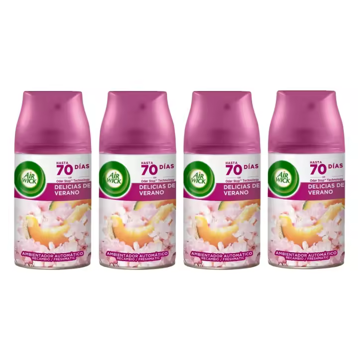 Air Wick Freshmatic DELICIAS DE VERANO Recambios para Difusor Automático Ambientador en Spray, Esencia para Casa, Hasta 70 días de Fragancia que combina notas Frutales con toques Florales - Pack de 4 x 250ml - 1