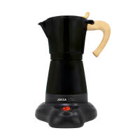 Cafetera italiana eléctrica Jocca con tapa transparente, base giratoria 360°, capacidad para 6 tazas (300 ml), filtro extraíble, interruptor luminoso, diseño elegante en aleación de aluminio y detalles en madera, café en solo 7 Minutos - 480W - details 0