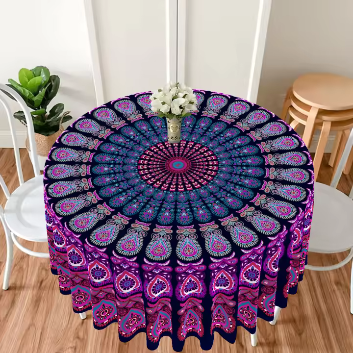 Mantel Redondo Peacock Mandala Impermeable De 63 Pulgadas Para Mesa Al Aire Libre Y Interior En Colores Morado Rojo Amarillo Y Azul Estilo Clásico Para Banquete Fiesta Y Wedding - 1