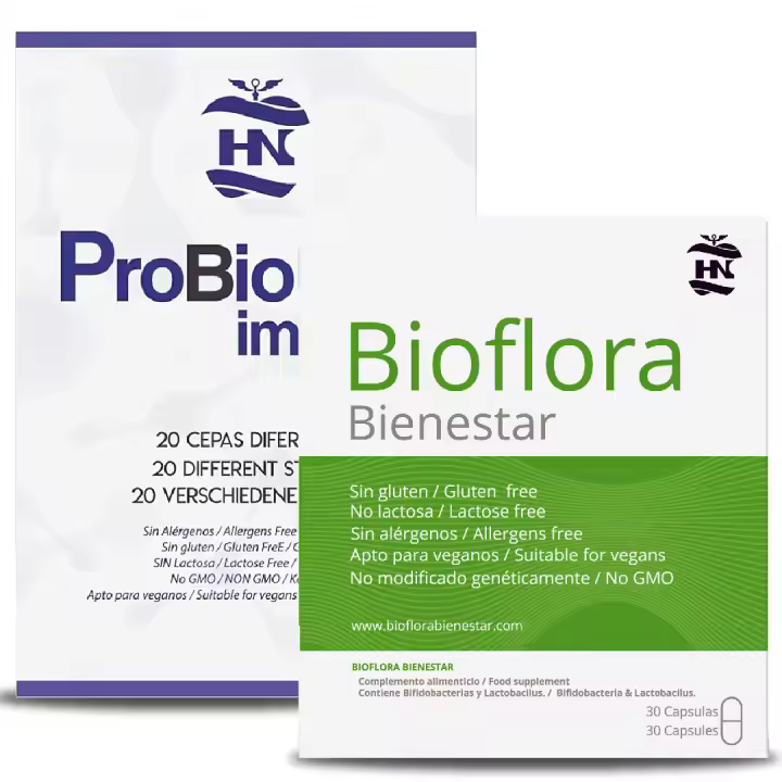 HN Healthy Nutrition - Pack Probiotic Immune + Bioflora Bienestar - Porbiotic Mix - 100 mil millones de UFC 60 Capsulas Mezcla de 20 cepas de Probioticos y prebióticos & Probiotico con bifidobacterias y alto contenido en fibra. - 1