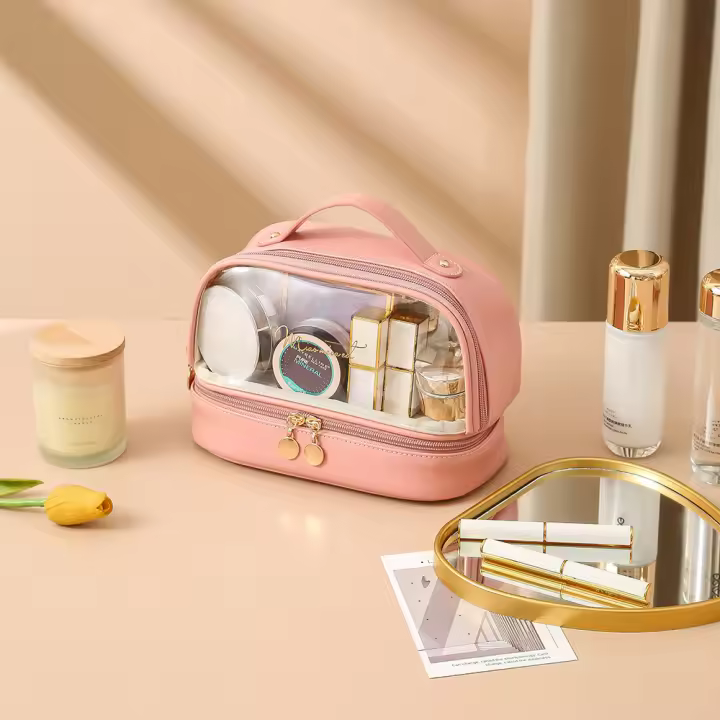 Bolsa De Maquillaje De Cuero Genuino Multi-capas Para Seco Y Humedo Impermeable Bolsa De Viaje Para Cosméticos Y Toallitas Portátil Y Estiloso - 1
