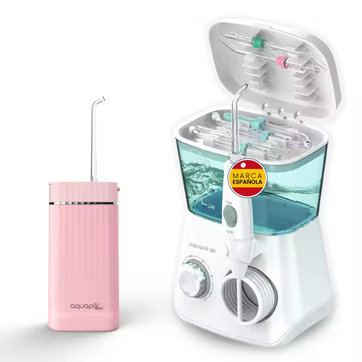 Aquapik® DUO Irrigador Dental: Aquapik® 100 sobremesa + Aquapik® Mini Portátil | Recomendado por dentistas + Elimina la Placa + Cuida tus Implantes y Ortodoncia |Higiene Bucal Profunda - 1