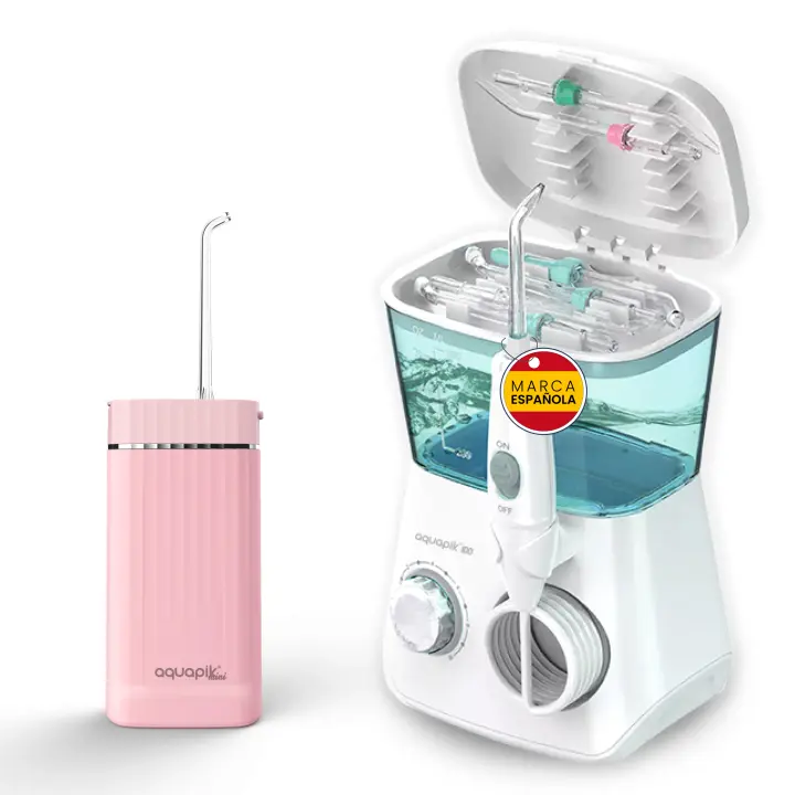 Aquapik® DUO Irrigador Dental: Aquapik® 100 sobremesa + Aquapik® Mini Portátil | Recomendado por dentistas + Elimina la Placa + Cuida tus Implantes y Ortodoncia |Higiene Bucal Profunda - 1