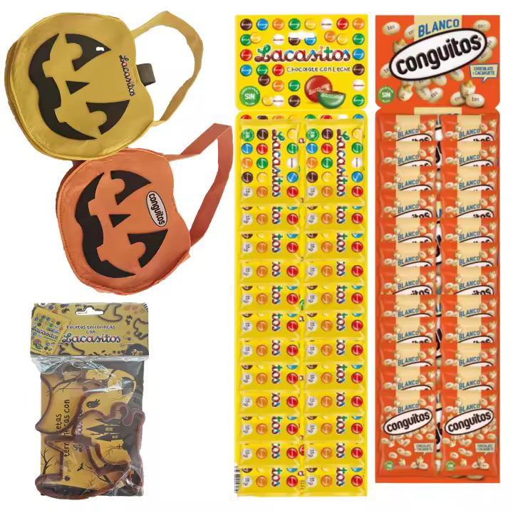 Pack Halloween:lacasitos bolsitas 18g,conguitos blanco panoplia 24x18g,molde y bolsa calabaza lacasitos y conguitos - 1
