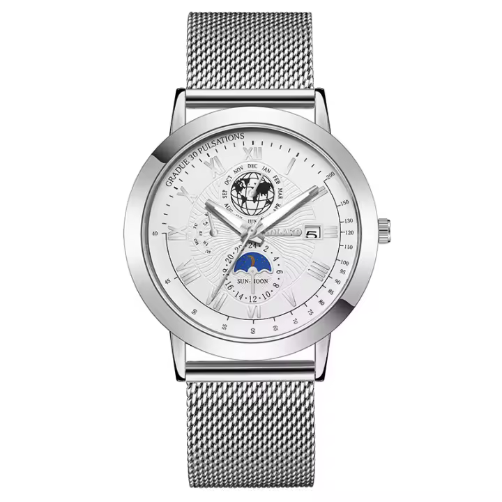 Nuevo reloj para hombre con tres subdiales, calendario y luna, correa de malla o acero inoxidable, un reloj multifuncional y elegante para el hombre - 1