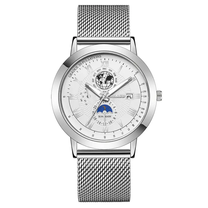 Nuevo reloj para hombre con tres subdiales, calendario y luna, correa de malla o acero inoxidable, un reloj multifuncional y elegante para el hombre - 1