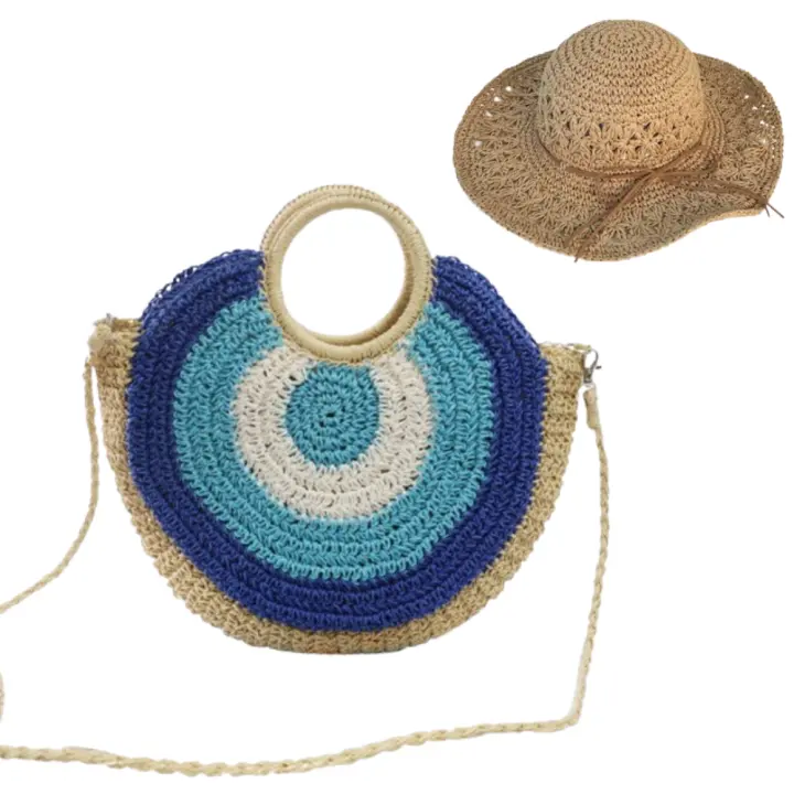 Attopex Bolso Paja Hombro Mano Mujer Redondo Azul 2 Piezas + Sombrero Regalo - 1