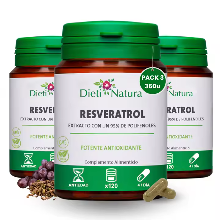 Trans-Resveratrol 360 Cápsulas de Origen Vegetal de Dieti Natura - Extraído de la Piel de Uvas Rojas con Polifenoles Naturales (95% pureza) - Resveratrol de alta calidad - 1