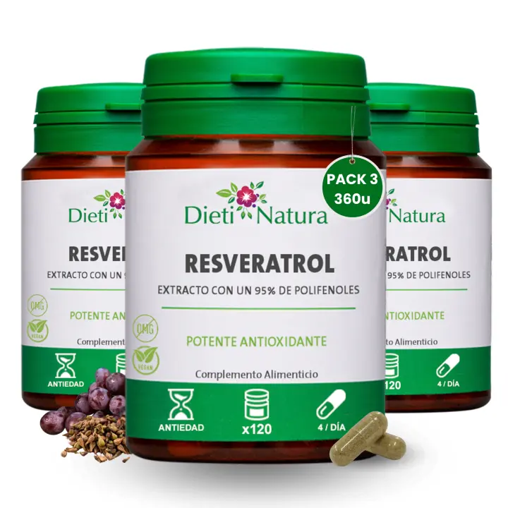 Trans-Resveratrol 360 Cápsulas de Origen Vegetal de Dieti Natura - Extraído de la Piel de Uvas Rojas con Polifenoles Naturales (95% pureza) - Resveratrol de alta calidad - 1