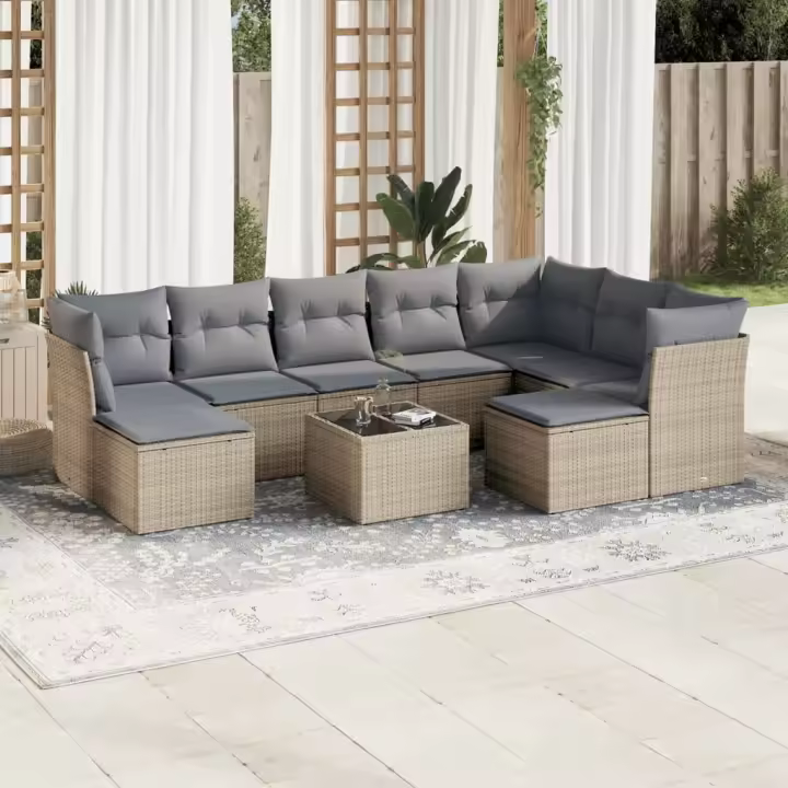 vidaXL Juego de sofás jardín con cojines beige 10 pzas ratán sintético - 1