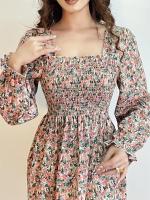 Vestido Midi De Mujer Casual Primavera Otoño Largo Manga Cuello Abierto Floral Impresión A-Line Vestido De Chiffón Con Cintura Elástica Y Cremallera En La Cintura - details 2