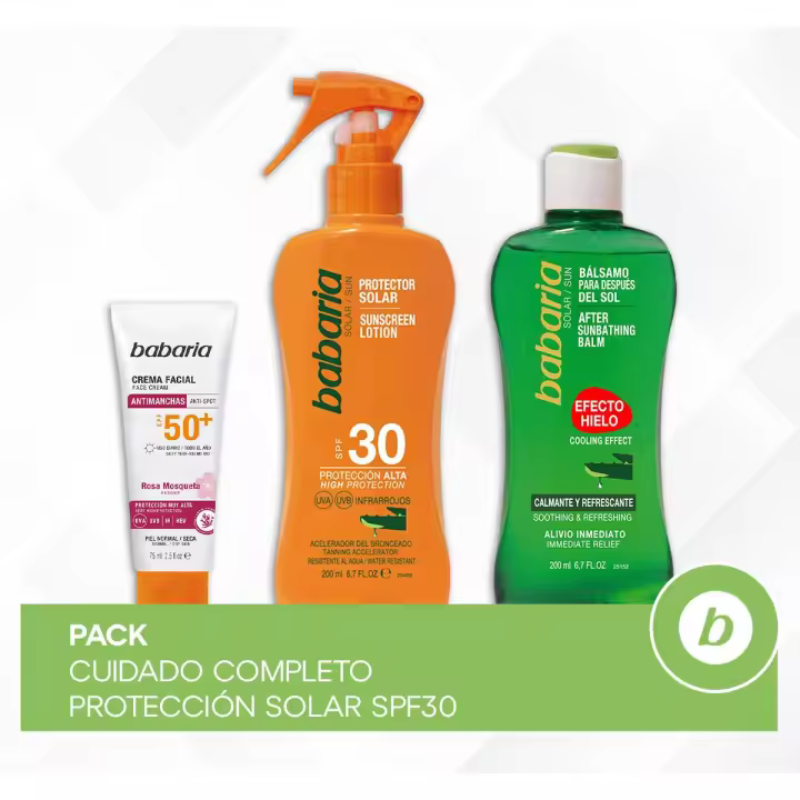 Babaria Pack Cuidado Completo Protección Solar SPF30: Crema Facial Solar Antimanchas, Spray Protector Solar y Bálsamo After Sun Efecto Hielo para Hidratación y Frescura - 1