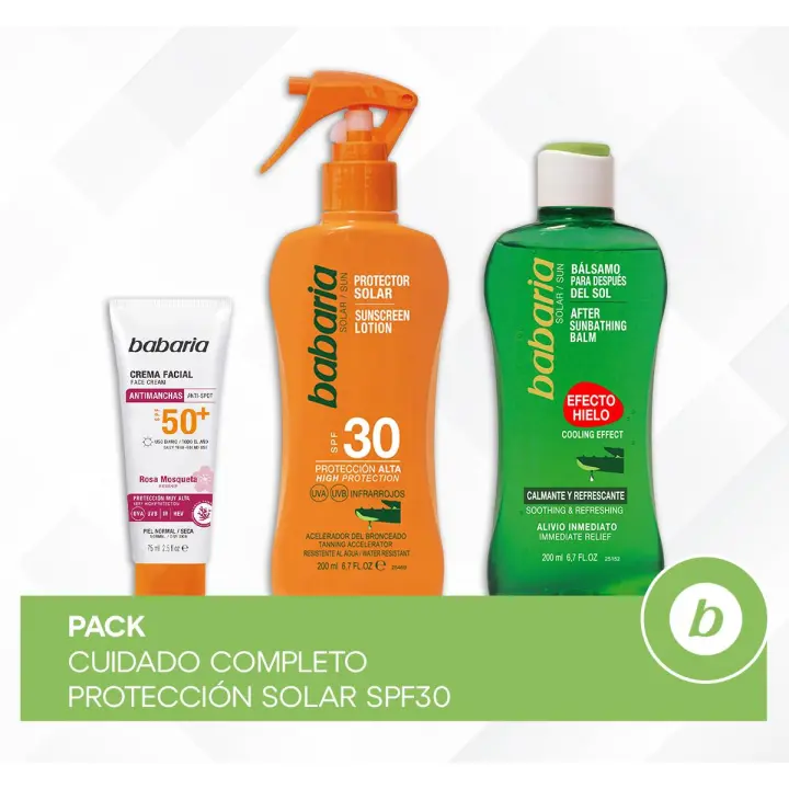 Babaria Pack Cuidado Completo Protección Solar SPF30: Crema Facial Solar Antimanchas, Spray Protector Solar y Bálsamo After Sun Efecto Hielo para Hidratación y Frescura - 1