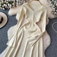 Vestido Largo Elegante Para Mujer Con Mangas Flared Y Volantes Cuello V Solido Bodycon Para Fiesta Y Oficina Polyester Mid-Calf - details 20