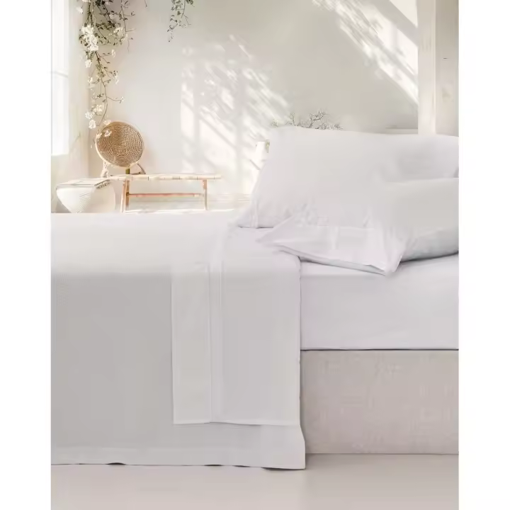Juego de Sábanas 100% Algodón, Percal Peinado 200 Hilos, Color Blanco-Blanco, Vidal Home - 1