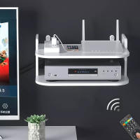 Estante Flotante De 2 Niveles Soporte Para Router Wifi Cajón Superior Organizador De Almacenamiento De Pared Con Salida Multi Tap Y Cableado Montaje En Pared - details 8