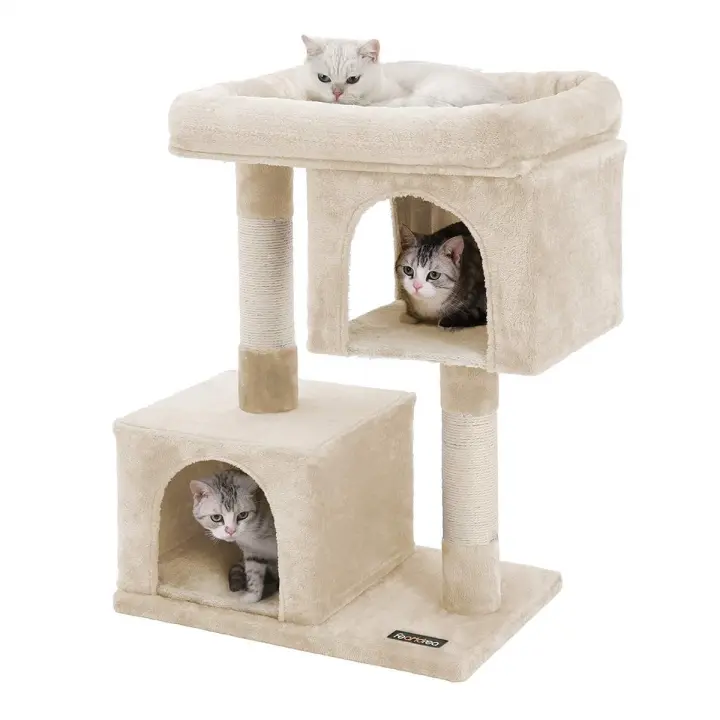 Árbol rascador para gatos con columnas de sisal, 2 viviendas, amplio espacio, disponible en blanco crema, beige, gris claro y antracita - 1