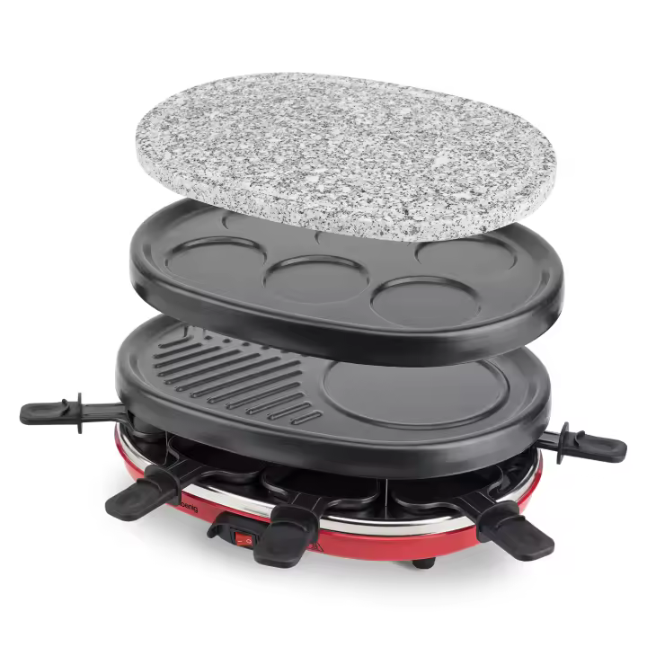 H.Koenig Raclette 8 Personas 4 en 1, Plancha con Piedra Natural, Grill, Crepera, 900 W, Rojo, Negro RP412, Acero Inoxidable - 1