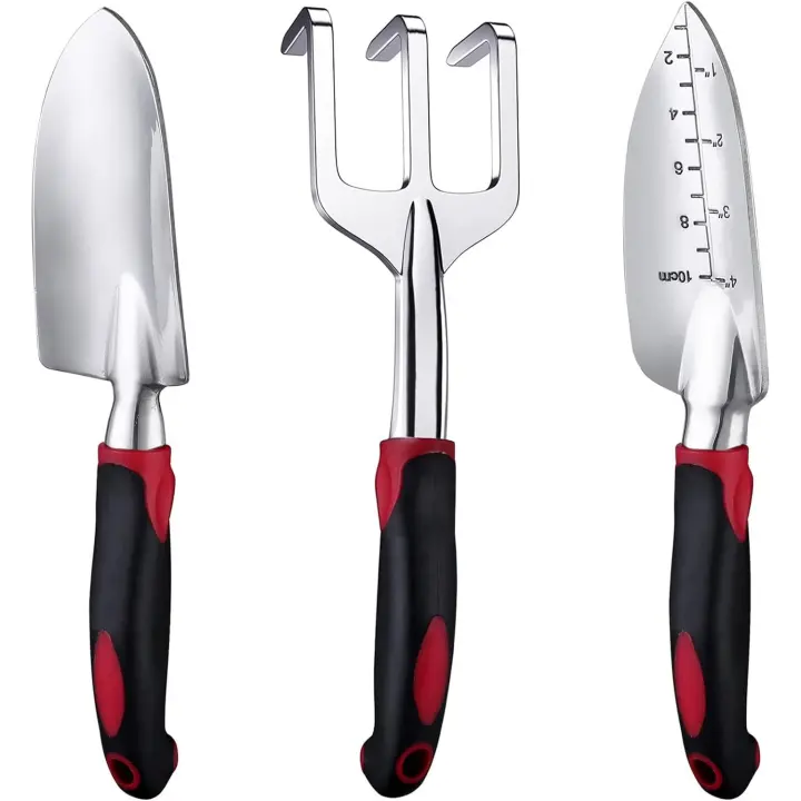 Herramientas de Jardín Kit Jardineria, 3 en 1 Kit de Herramientas para Jardinería para Trasplantar Flores y Verduras, Aflojar El Suelo, Desherbar (Rojo) - 1