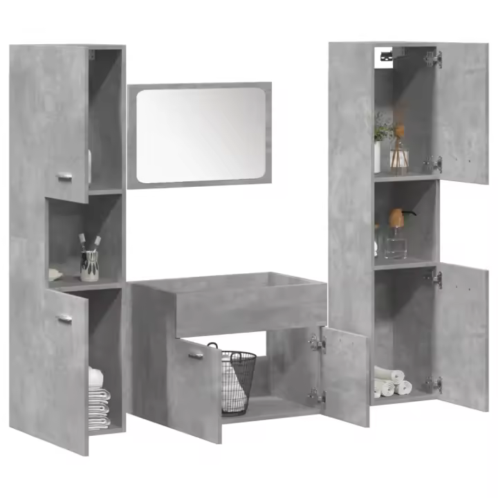 vidaXL Juego muebles de baño 4 pzas madera contrachapada en color Gris hormigón/Roble Sonoma | almacenamiento funcional diseño moderno para baño dormitorio sala - 1