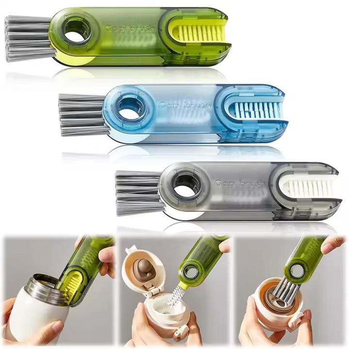 3-in-1 Multifunctional Small Cleaning Brush, Pack of 3 Crocodile Cup Lid Crevice Cleaning Brush for Cup Lids, Multifunctional Cleaning Tools for Household Kitchens (Blue + Green + Gray) - 1