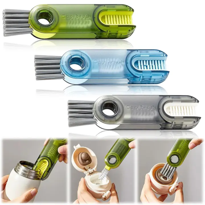 3-in-1 Multifunctional Small Cleaning Brush, Pack of 3 Crocodile Cup Lid Crevice Cleaning Brush for Cup Lids, Multifunctional Cleaning Tools for Household Kitchens (Blue + Green + Gray) - 1