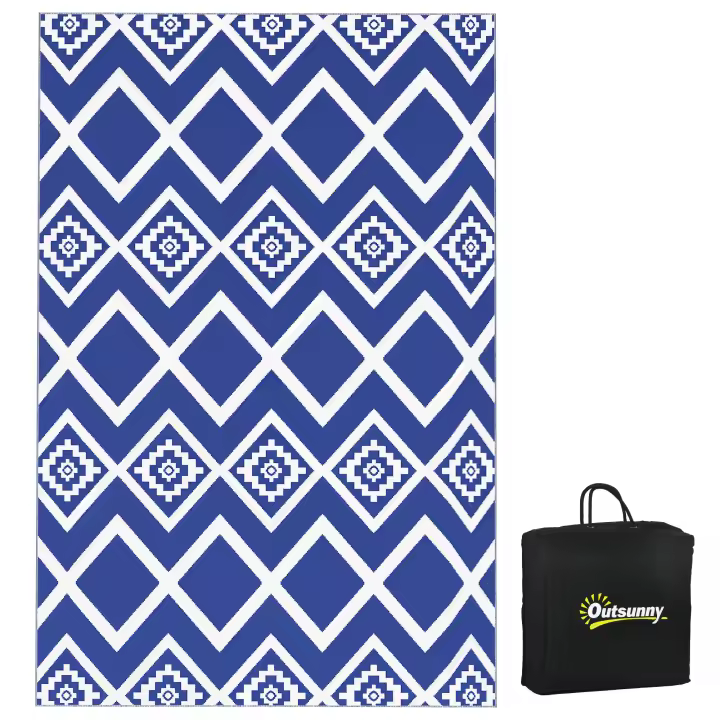 Outsunny Alfombra Exterior, Alfombra de Plástico con Bolsa de Transporte, Alfombra de Balcón Resistente al Agua, Camping, Patio, Azul+Blanco, 182x274cm - 1